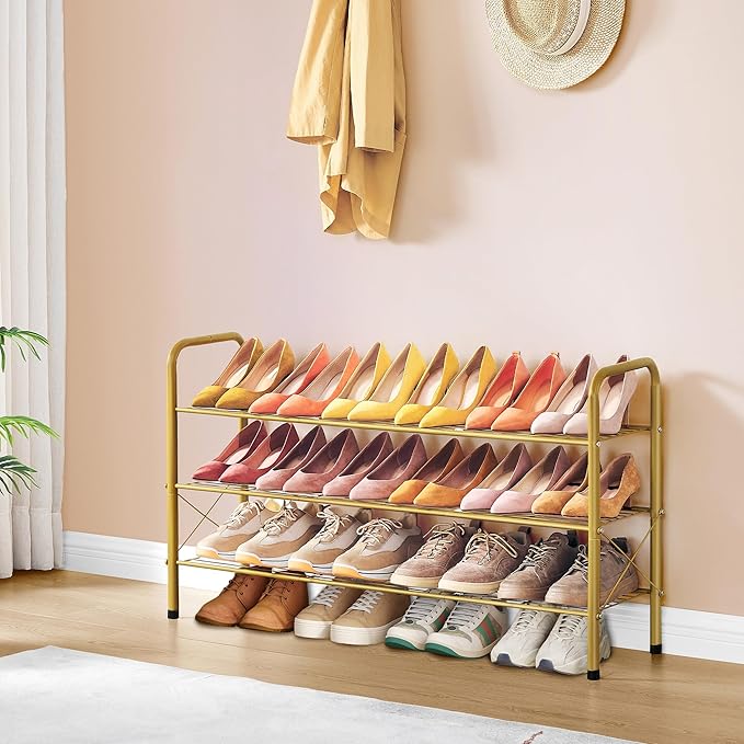 Hoctieon 3 Tier Mesh Style Shoe Rack, Entryway Shoe Shelf, Shoe Storage Organizer, Shoe Rack for Closet, Space Save for Bathroom, Garage, Hallway, Bedroom, Living Room, Gold-NeatNest