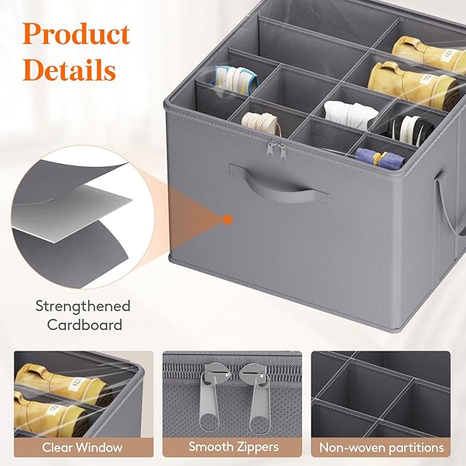 Lifewit Shoe Storage Organizer for Closet, Fits 12-16 Pairs, Large Shoe Box Storage Containers with Clear Cover and Reinforced Handles, Foldable Storage Bins Fit for Boots Heels Sneakers, 1 Pack Gray-NeatNest