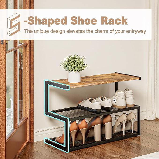 Shoe Rack, Unique 5-Shaped Free Standing Shoe Shelf, 3-Tier Wooden Shoe Organizer with Wooden Top and Steel Frame for Front Door Entrance, Entryway, Hallway, 24.41" D x 11.02" W x 16.14" H-NeatNest