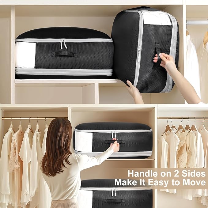 Comforter Storage Bag - Large Capacity Blanket Storage Bags 3-Layer Ultra Space Saving Self Compression Organizer, Washable Compression Bags for Storage Comforter Blanket, 8-Pack, Black-NeatNest