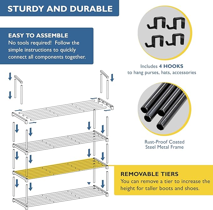 Sundaze Shoe Rack - 4 Tier Metal Shoe Rack for Front Door Entrance, Sturdy Long Shoe Organizer for Closet, Bedroom, Entryway, Garage, Black Metal Shoe Shelf, Holds Up to 20 Pairs-NeatNest