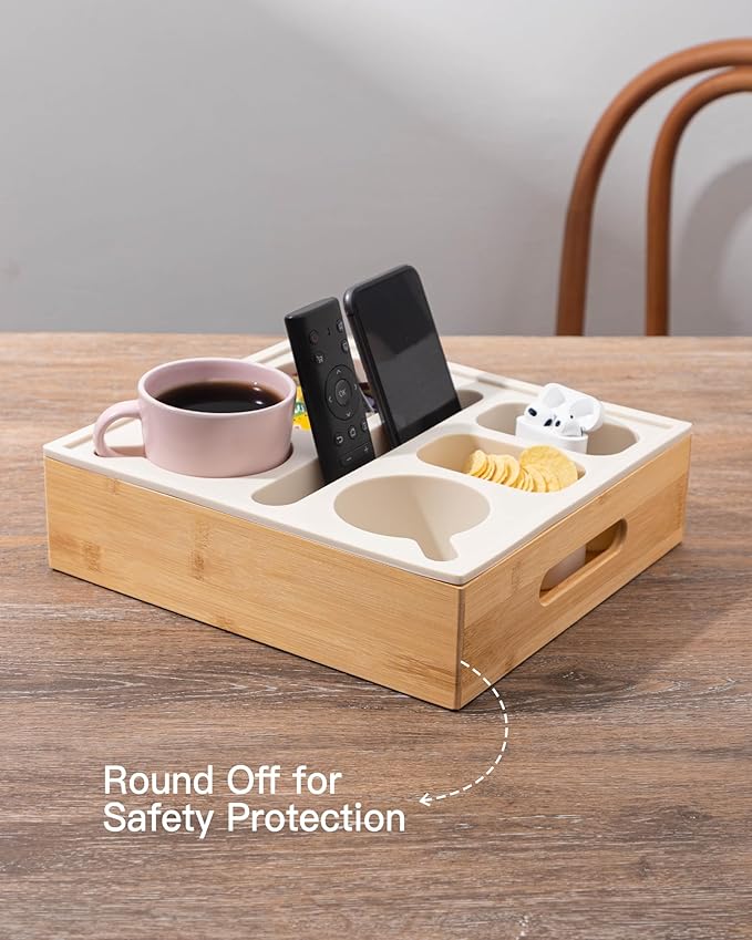 Couch Cup Holder with Lid, Silicone Bed Caddy with Cup Holder, Bed Organizer for Drinks, Snacks, Remotes, Bamboo Couch Caddy for Sofa, Bed and Car(Beige)-NeatNest
