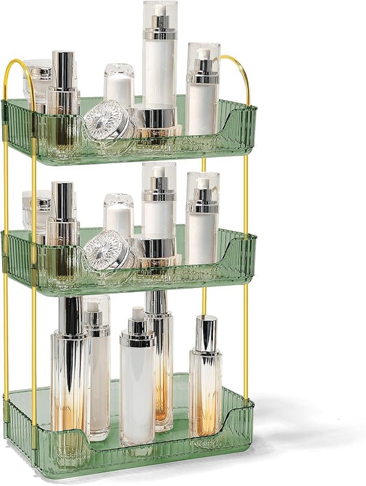 Bathroom Counter Organizer Countertop Storage Skincare Countertop Makeup Organizer Cosmetics Skincare Organizers Holder for Perfume-Green-Golden Pole-3 Tier-NeatNest