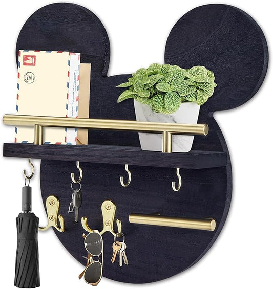 AIRPOP Disn Key Holder for Wall–Mouse Wooden Mail Organizer Wall Mount with Shelf and 6 Hooks, Easy Installation Key Rack Hanger for Entryway Living Room Home Decor (Black)