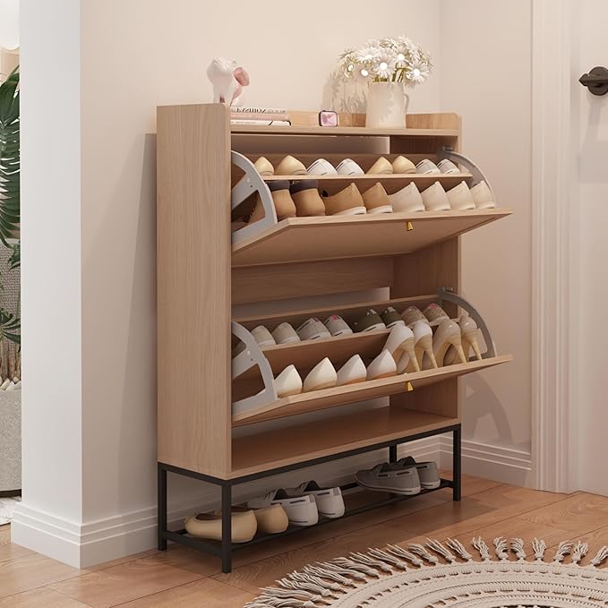 AVZEAR Narrow Shoe Storage Cabinet for Entryway with 2 Flip Drawers, Freestanding Shoe Cabinet with Natural Linen Panel, Slim Wood Shoe Organizer Closed Shoe Rack for Hallway, Foyer(Natural)-NeatNest