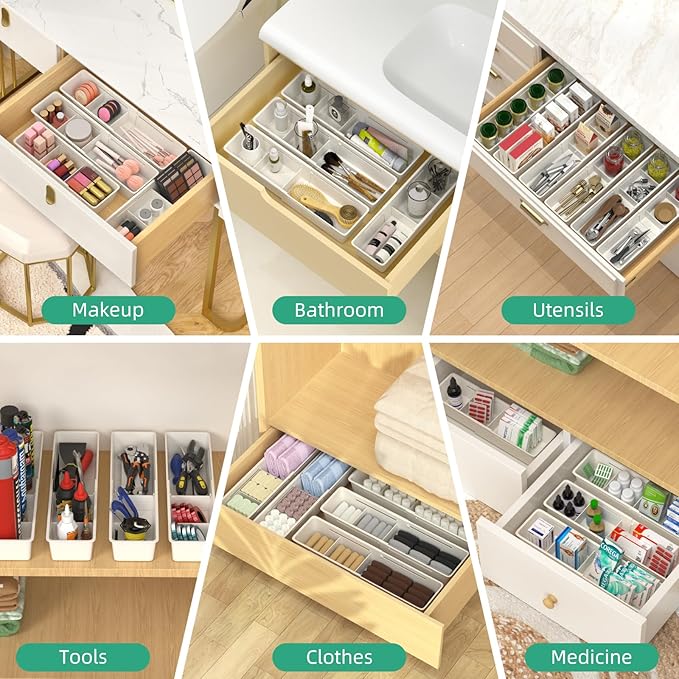 Desk Drawer Organizer Tray, 4 Pack Expandable Drawer Organizer with Dividers Adjustable, Bathroom Organizer Bins for Junk, Office, Makeup, Kitchen Utensil-NeatNest