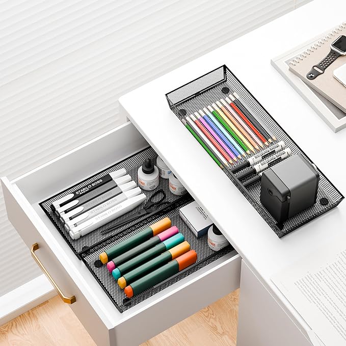 ihomecooker Mesh Tray Silverware Drawer Organizer Utensil Cutlery Tray Office Supplies Organizer for Flatware, Knives,Home,Office, School,Bedroom 15X6'' Black-NeatNest