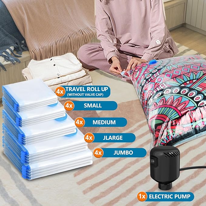 20 Pack Vacuum Seal Bags for Clothing with Electric Air Pump, Space Saver Vacuum Storage Bag for Clothes, Mattress, Blanket, Duvets, Pillows(4 Jumbo/4 Large/4 Medium/4 Small/4 Roll Up Bags)-NeatNest
