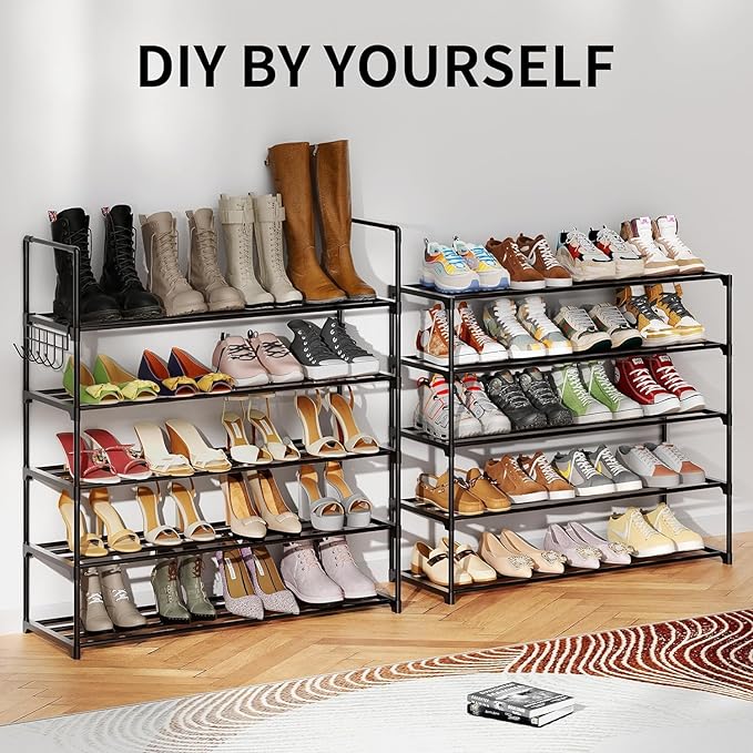 Metal Shoe Organizer,5 Tiers Shoe Storage Shoe Rack with Hooks,Fit 20-25 Pairs,Adjustable Shoe Shelf for Entryway,Hallway,Bedroom,Metal Bottom Support-NeatNest