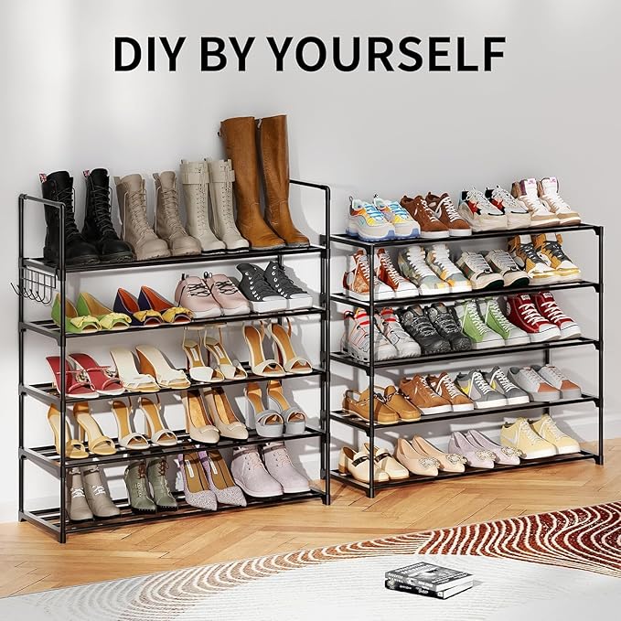 Metal Shoe Organizer,6 Tiers Shoe Storage Shoe Rack with Hooks,Fit 24-30 Pairs,Adjustable Shoe Shelf for Entryway,Hallway,Bedroom,Metal Bottom Support-NeatNest