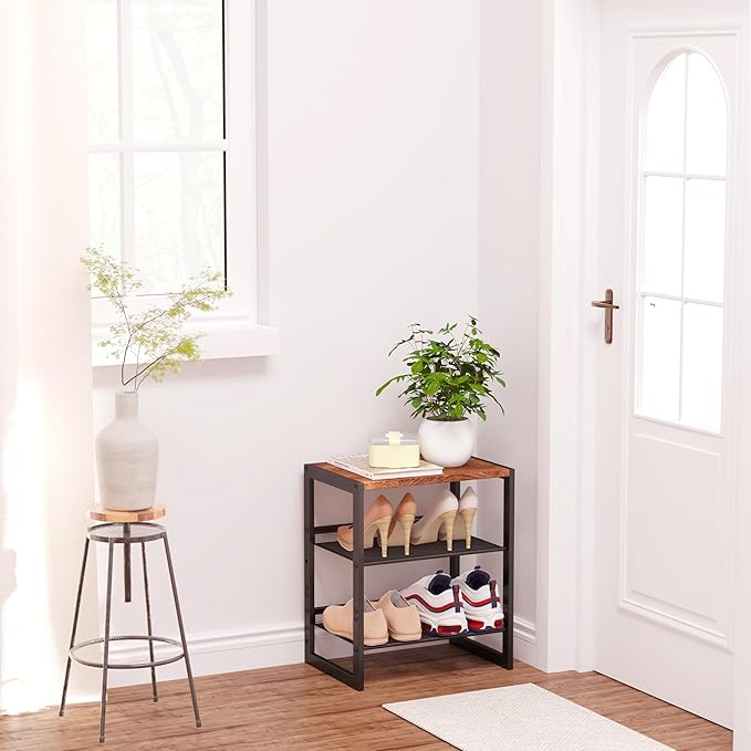 Narrow 3-Tier Shoe Rack, Slim Space-Saving Shelf with Decorative Wood Top & Steel Mesh, Entryway/Closet/Dorm Organizer, 16.5x11.8x19.8 Inches-NeatNest