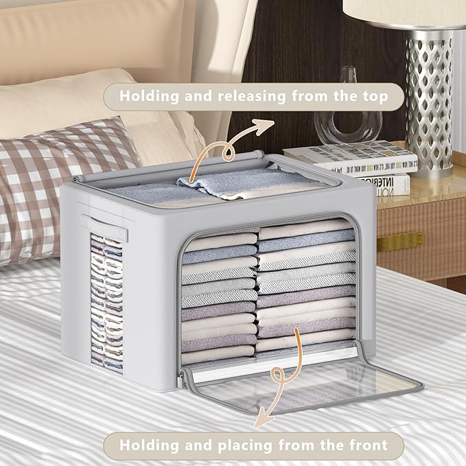 3Pack Frame Storage Box - Clothes Storage Bin Bags Oxford Fabric Foldable Stackable Container Organizer Set with Clear Window & Carry Handles (Grey, Extra Large-100L)-NeatNest