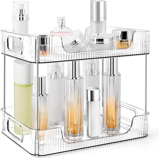 2-Tier Bathroom Counter Organizer Countertop Storage, Dresser Organizer Vanity Tray for Makeup, Perfume Organizer Cosmetics Skincare Shelf- Clear-NeatNest