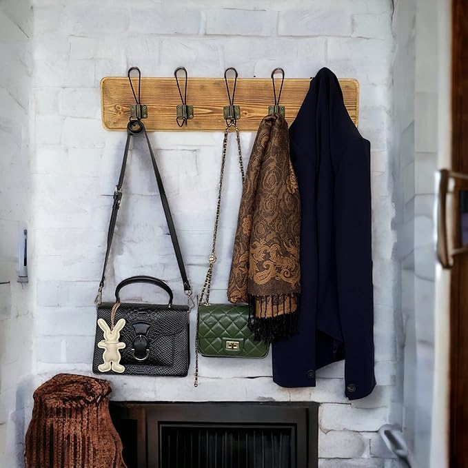 24” Wooden Wall-Mount Coat Rack, Burnt Pine Rustic Pine with 5 Storage Hooks, Farmhouse Design for Jackets, Hats, Scarves, Umbrellas, Bags, Keys, Leashes, Towel, Entryway, Bedroom, Bathroom