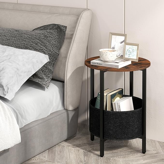 GOFALME Round End Table with Storage, Sofa Side Table with Removable Fabric Basket, Metal Frame, Wooden Top, Industrial, 2-Tier Bedside Table for Living Room, Bedroom, Rustic Brown