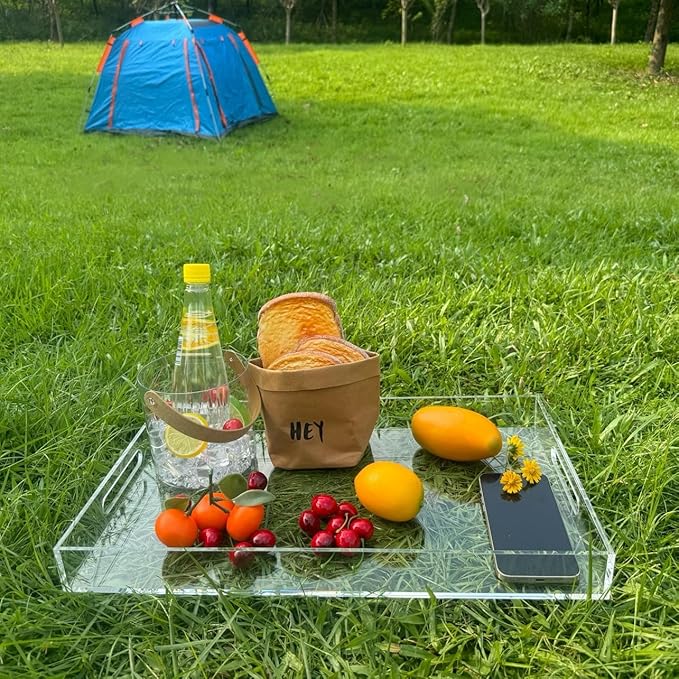 Clear Sturdy Acrylic Serving Tray with Handles-12x20Inch-Serving Coffee,Appetizer,Breakfast,Butler-Kitchen Countertop Makeup Drawer Organizer-Vanity Table Ottoman Tray-Decorative Tray-NeatNest