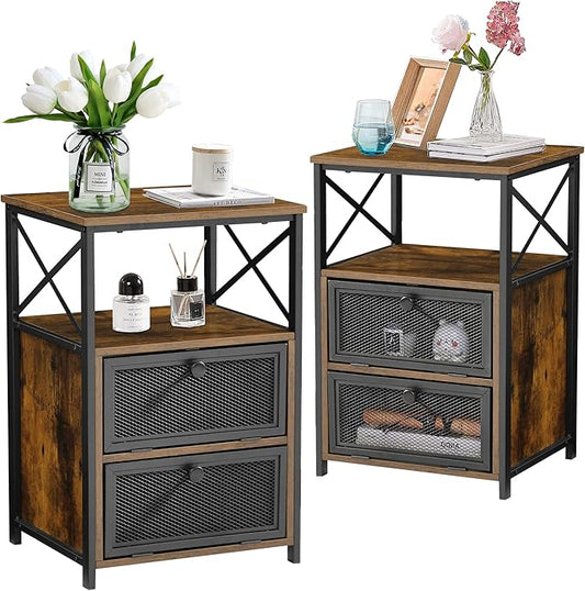 VECELO End Side Table, Modern Night Stand with Storage Space and Door, Set of 2 Nightstands for Living Room,Bedroom,Lounge,Antique Brown