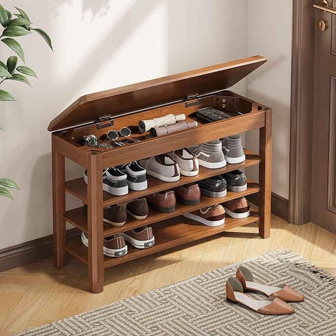 Shoe Rack Bench Seat Rubberwood 3-Tier Wooden Storage Bench 550lbs Compact Mid-Century Modern Design for Entryway, Hallway, Closet, Front Door Entrance, Foyer-NeatNest