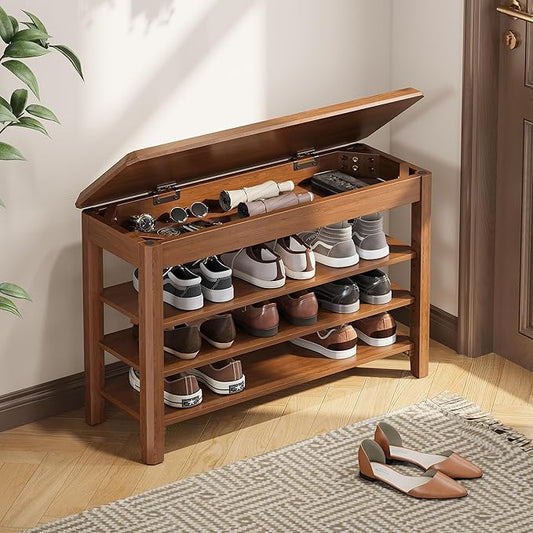 Shoe Rack Bench Seat Rubberwood 3-Tier Wooden Storage Bench 550lbs Compact Mid-Century Modern Design for Entryway, Hallway, Closet, Front Door Entrance, Foyer-NeatNest