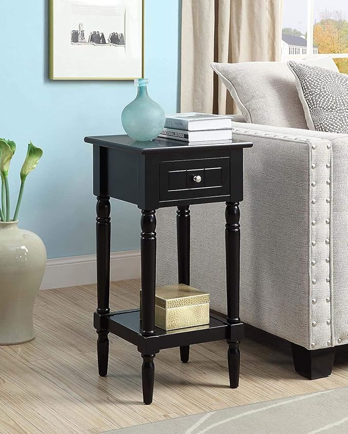 Convenience Concepts French Country Khloe 1 Accent End 14" Traditional Farmhouse Side Table with Storage Drawer and Shelf for Living Room, Black-NeatNest