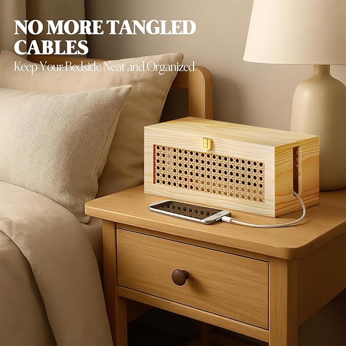 Cable Management Box, Cable Organizer Box Safe for Kids and Pets, 2 Open Slots Cords Hider Box for Power Strips, Computer Router, USB Hub 12.5" x 5.1" x 5.5", Natural