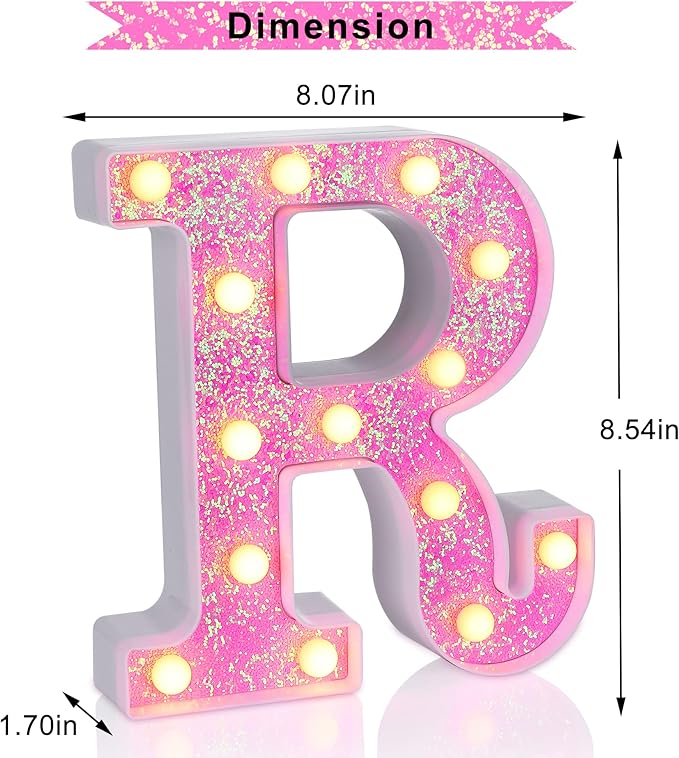 Foaky Pink Light up Letters，Pink Party Decorations,Girls Room Decor,Glitter Light Up Letters,Alphabet Letter Sign for Night Light Birthday Party Girls Gifts, Home Bar Decoration（R）-NeatNest