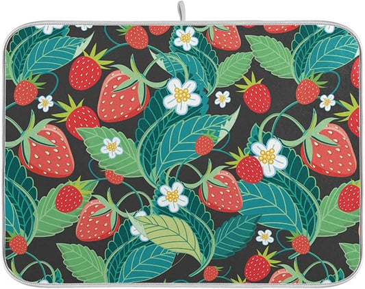 Absorbent Dish Drying Mat for Kitchen Counter - Strawberry Leaves Microfiber Drying Pad, Reversible Drainer Mats for Countertop, Large 18" x 24"