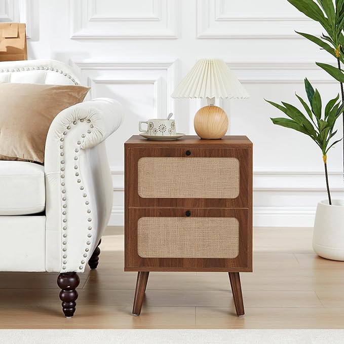 Mid Century Night Stand, Modern Nightstand with Drawer & Curved Linen Panel, Farmhouse End Table Wood Bedside Table Small Side Tables for Small Space, Bedroom (Walnut)