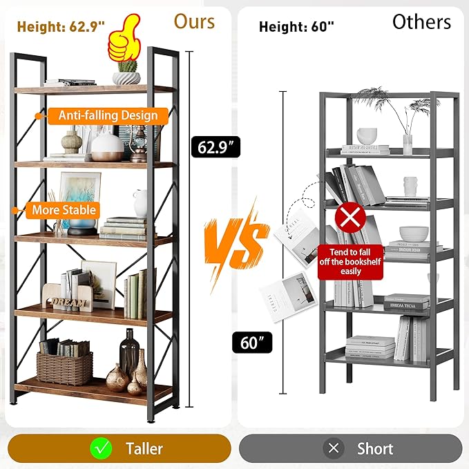 Bookshelf, 5 Tier Bookshelves, Home Office Bookcase Shelf Storage Organizer, Free Standing Storage Shelving Unit for Bedroom, Living Room and Home Office,Rustic Brown-NeatNest