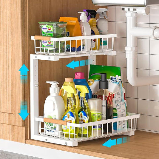 Under Sink Organizer Storage 1 pack, 2 Tier Slide Out Height Adjustable Pull Out Cabinet Organizer Drawers, Kitchen Bathroom Large Capacity Metal Under Sink Rack Caddy Basket Shelves, White-NeatNest
