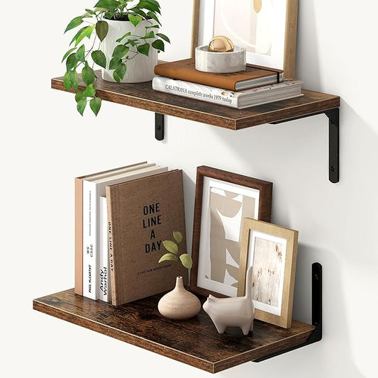 Fun Memories Deep Floating Shelves, 16W x 8D Floating Shelves Set of 2, Wall Mounted Shelf with Metal Brackets, Rustic Wood Wall Shelf for Bathroom, Kitchen and Living Room, Rustic Brown-NeatNest