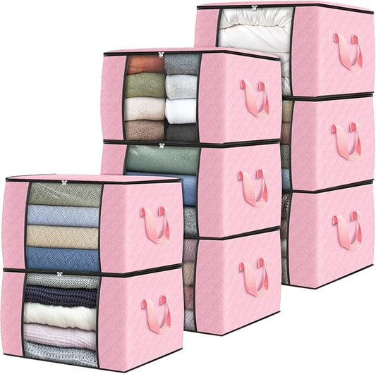 Fab totes 8 Pack Clothes Storage, Foldable Thick Fabric Blanket Storage Bags, Containers for Organizing Bedroom, Closet, Clothing, Comforter,Organization with Handle,Pink-NeatNest