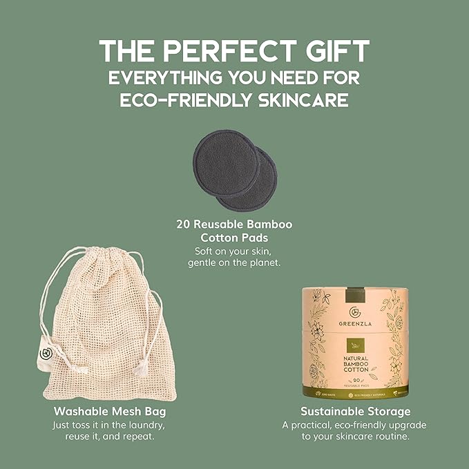 Greenzla Reusable Makeup Remover Pads - 20 Pack Organic Dark Charcoal Bamboo Cotton Pads with Mesh Laundry Bag, Cotton Travel Pouch, & Cotton Rounds Holder, Sustainable Face Wipes for All Skin Types-NeatNest