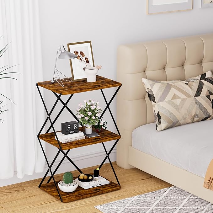 3-Tier End Table Set of 2 Small Side Table Tall Bedside Night Stand with Storage Sofa Side desks for Living Room Bedroom Office Bathroom Small Space Rustic Brown ET-03RB-2