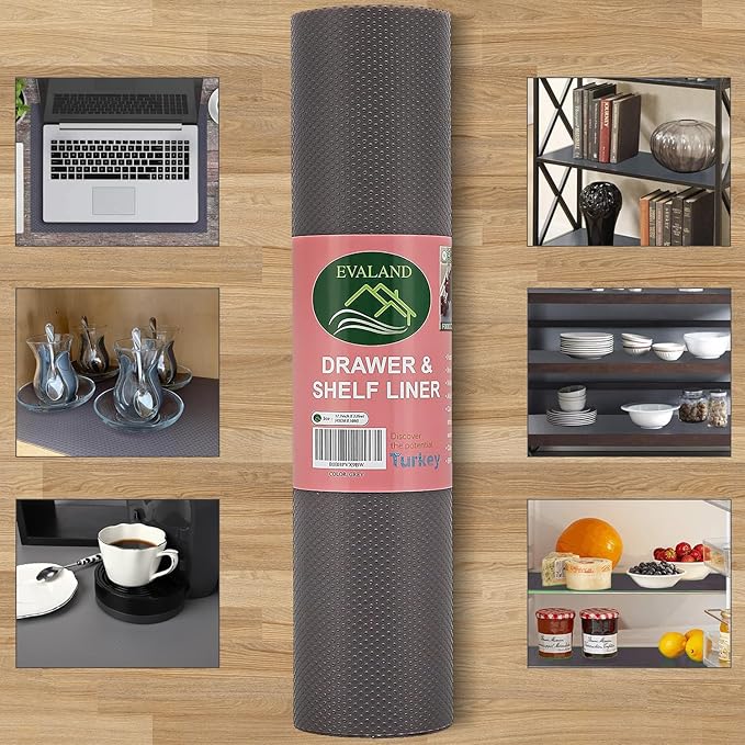 EVALAND 12" x 33 FT Non-Slip Shelf Liner, Non-Adhesive, BPA-Free, Waterproof Pantry Liner for Shelves, Easy to Cut, Oil-Proof Shelf Liners for Kitchen, Cabinets, Drawers, Refrigerator, Gray