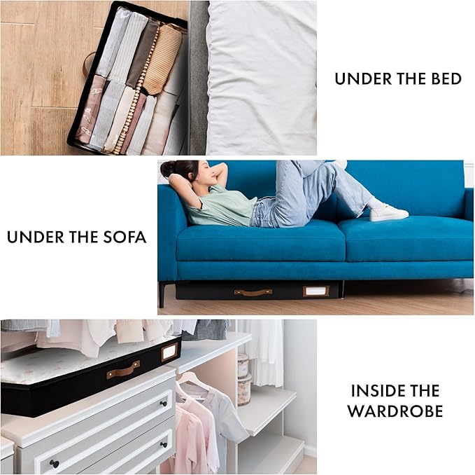 HOMELUX THEORY 2pc Low Profile Under Bed Storage Containers, Thin Under Couch Storage Organizer with Bins & Lids, Underbed Storage Box Ideal for Seasonal Clothes, Blankets, Fabric & Shoes (Black)-NeatNest