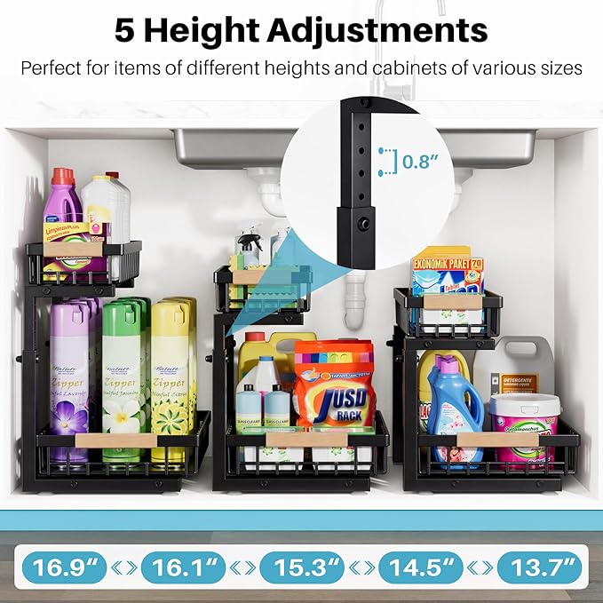 Under Sink Organizers and Storage,2 Packs 2 Tier Sliding Pull Out Cabinet Storage Shelf, Metal Drawer for Kitchen Bathroom Cabinet, Under Sink Organizer Organization Rack, Rust-Resistant Black-NeatNest