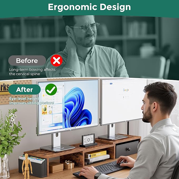 Dual Monitor Stand Riser, Adjustable Length & Swivel Angle Monitor Stand, Ergonomic Monitor Stand with Drawer & Side Pockets, Desktop Organizer and Office Desk Accessories, Rustic Brown