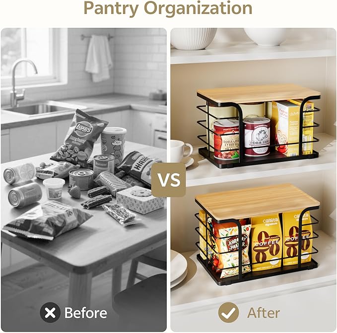 2 Pack Onion Storage,Stackable Pantry Organizers and Storage with PP Liner and Bamboo Top,Kitchen Organization Counter Basket for Fruits,Produce,Vegetable, Black