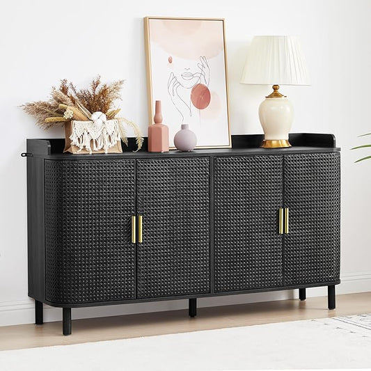 ORRD 4 Doors Storage Cabinet, 2 Tier Wooden Storage Organizer Cabinet with Adjustable Shelf, Sideboard Buffet Cabinets with Iron Curved Doors Accent Shoe Rack for Entryway Hallway Living Room (Black)-NeatNest