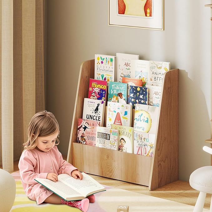 GLACER 4-Tier Kids Bookshelf, Wood Toddler Bookcase with Deep Magazine Display Shelf & Back Storage Space, Children Storage Organizer for Nursery, Playroom, Kids Bedroom, Classroom (Natural)