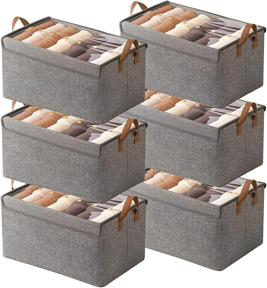 AARAINBOW Closet Clothes Organizer Bins 6 Pc, Fabric Box Storage Shelf Bins Stackable, Foldable Closet Shelf Storage Container with Lid, Fabric Storage Bin with Steel Frame, 23L (6 Gray with Lid)-NeatNest