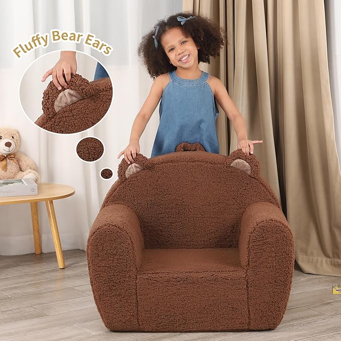 Comfy Toddler Chair, Cuddly Sherpa Teddy Bear Kids Sofa, High Back Kids Reading Chair for Boys and Girls, Brown-NeatNest