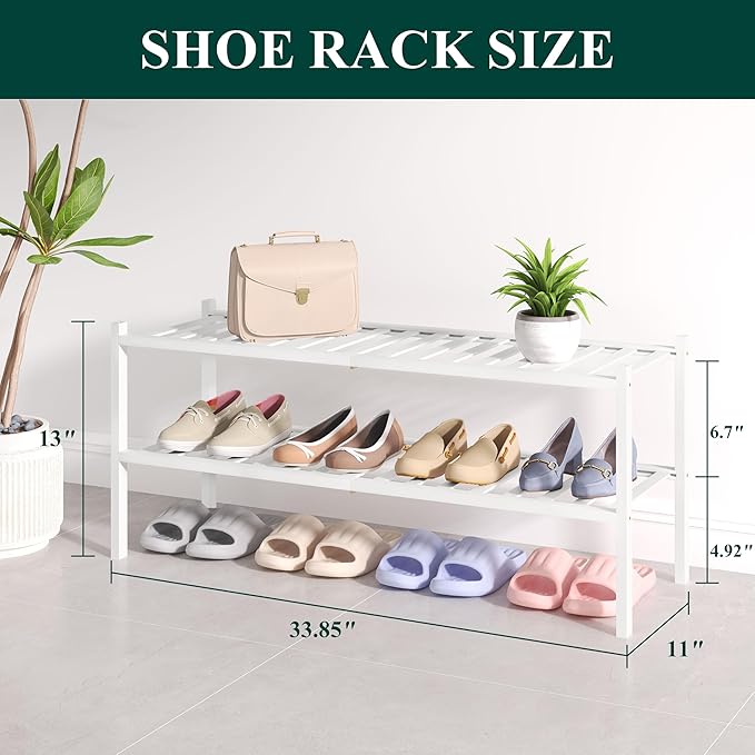 Smiry Bamboo Shoe Rack for Closet, 2 Tier Long Wooden Stackable Shoe Organizer, Free Standing Shoes Storage Shelf for Entryway, Front Door Entrance, White-NeatNest
