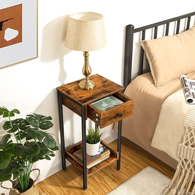 HOOBRO Tall End Table, Nightstand, Industrial Side Table with Drawer and Storage Shelf, for Study, Bedroom, Space Saving, Rustic Brown and Black BF71BZ01
