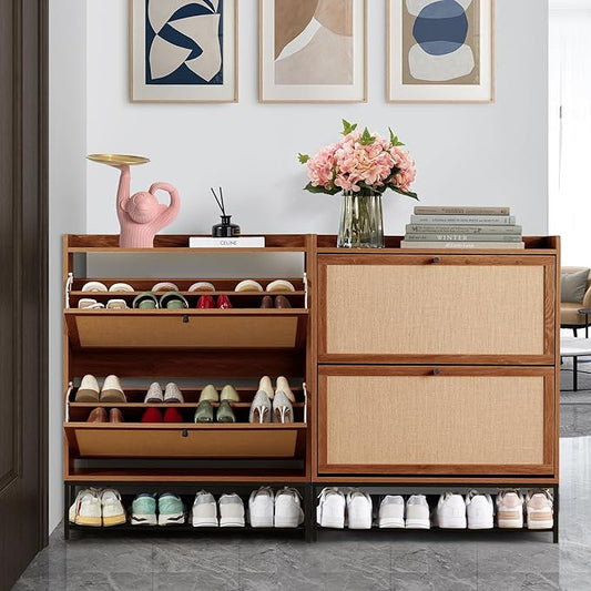 LEVNARY Shoe Cabinet Set of 2, Wooden Narrow Shoe Racks Cabinet Storage with 2 Flip Drawers, Hidden Freestanding Shoe Organizer for Hallway, Entryway, Home (2, Walnut)-NeatNest
