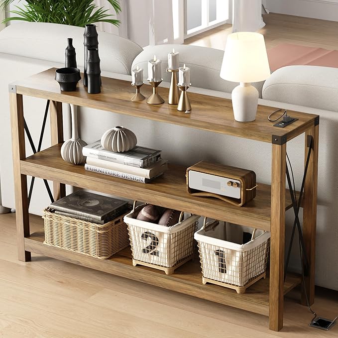 47.2" Entryway Table with Outlets and USB Ports, Console Table with 3-Tier Open Storage Shelves, Wooden Sofa Table with Metal X-Shaped Design for Living Room/Couch/Hallway/Foyer, Rustic Oak-NeatNest