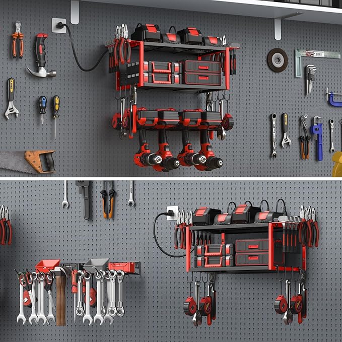 JUNNUJ Tool Organizer with Charging Station, 3 Layers Wall Mount Garage Tools Storage with 8 Outlets Power Strip, 4 Drills Holder Battery Heavy Duty Metal Shelf, Utility Rack with Hooks, Red