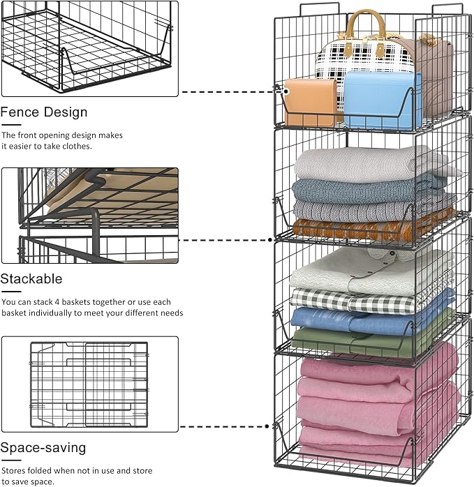 Stackable Closet Organizers and Storage Bins 4 Pack, Sturdy Metal Clothes Storage Container for Clothes Pants Sweaters, Black Folded Drawer Shelf Organizer for Closet Wardrobe