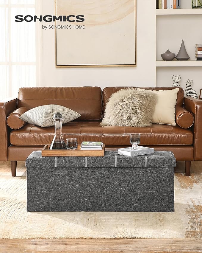 SONGMICS Mazie Collection - 43 Inches Ottoman Storage Bench, 35 Gal. Folding Chest with Breathable Linen-Look Fabric, Load up to 660 lb, for Entryway, Living Room, Bedroom, Dark Gray ULSF077G04-NeatNest